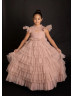 Feifei Sleeves Mauve Pink Pleated Tulle Ruffled Flower Girl Dress